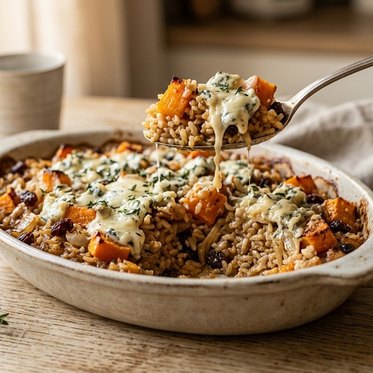Pompoen-rijstschotel met blauwaderkaas recept