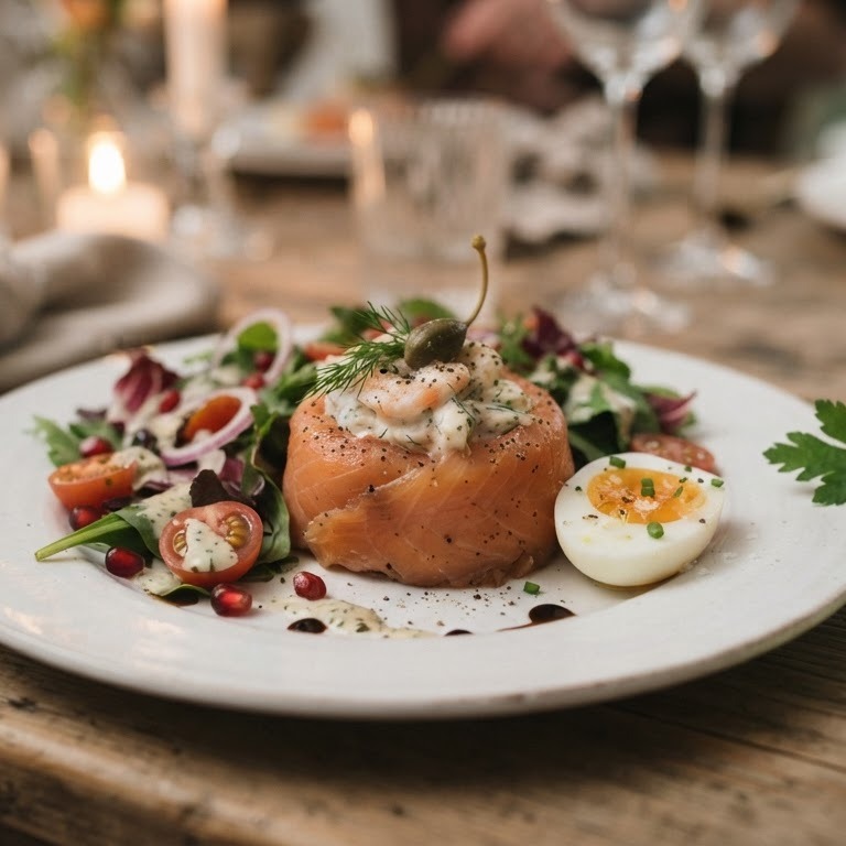 Praline van gerookte zalm met garnaaltjes, herfstsalade en kruidendressing recept