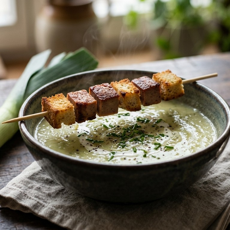 Prei-crèmesoep met spiesjes croutons en leverkaas recept