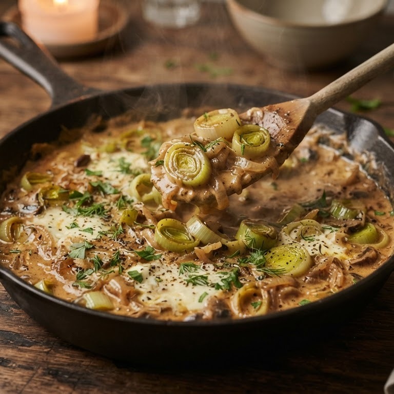 Prei in stroganoffsaus recept