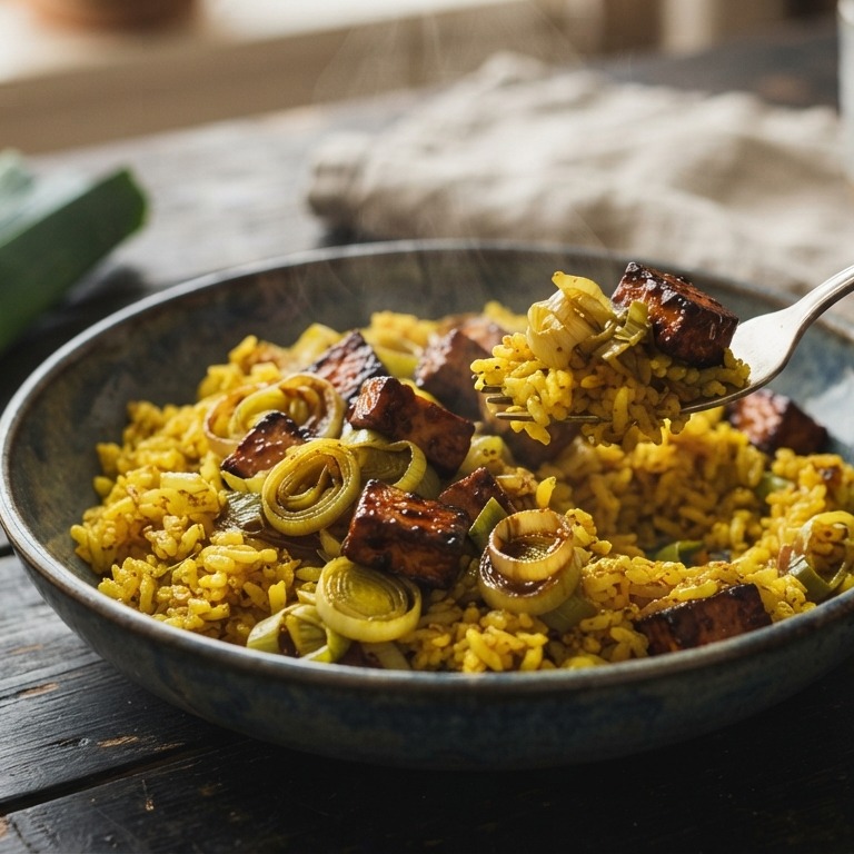 Prei-rijst met pittige vega-stukjes recept