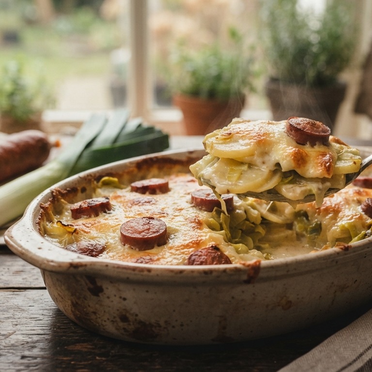 Prei-rookworstschotel recept