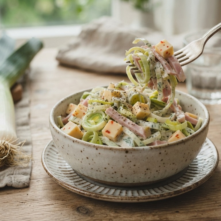 Preisalade met pittige kaas en ham recept