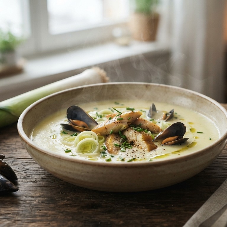 Preisoep met gerookte paling en mosselen recept
