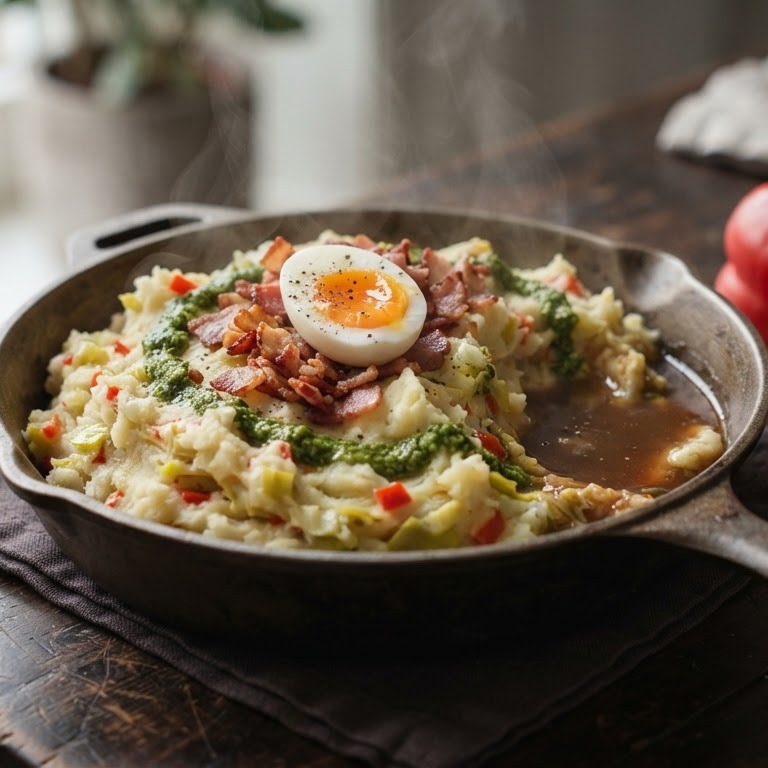 Preistamppot met paprika en spekjes recept