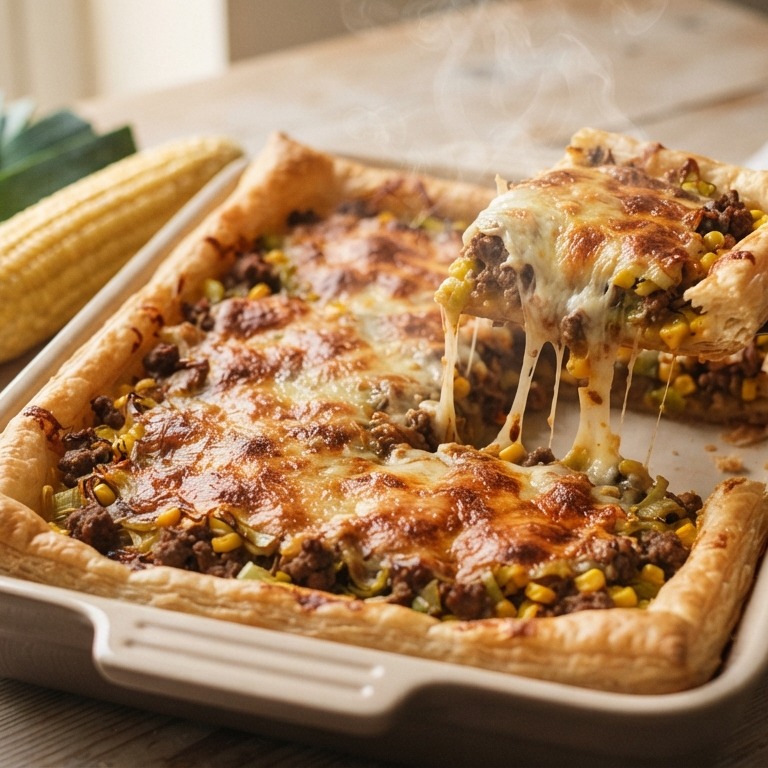 Preitaart met gehakt, mais en geraspte kaas recept