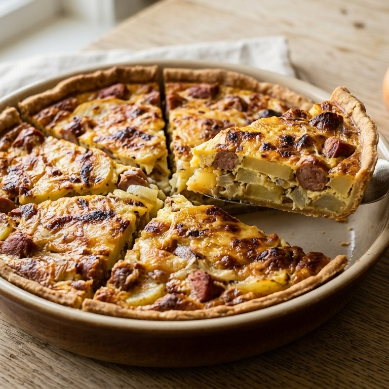 Quiche met aardappelen, hotdogs en kaas recept