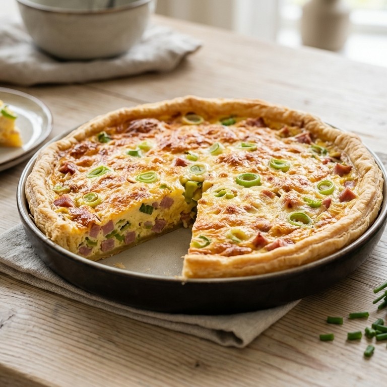 Quiche met ham, kaas en bosuitjes recept