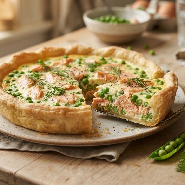 Quiche met zalm, erwtjes en dille recept