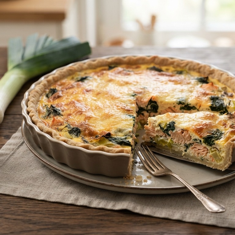 Quiche met zalm, spinazie en prei recept
