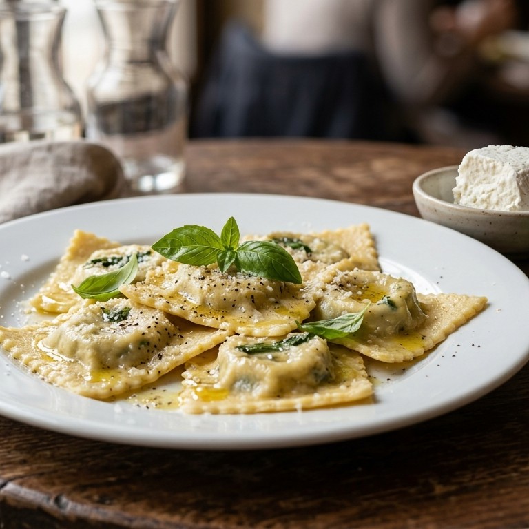 Ravioli (bijna zelfgemaakt) met geitenkaas en basilicum recept