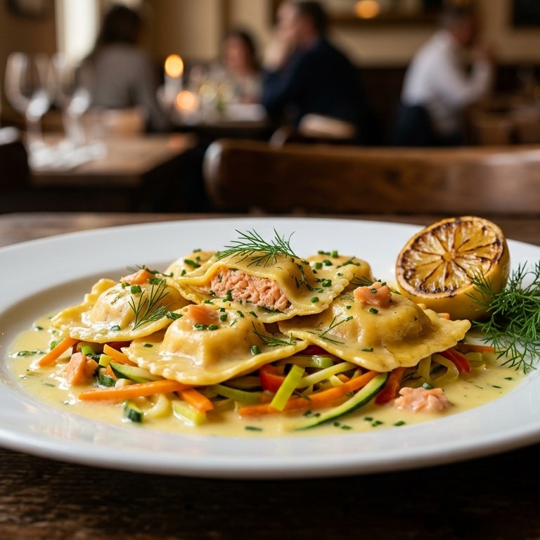 Ravioli gevuld met een farce van gerookte zalm, juliennegroenten en citroensaus recept