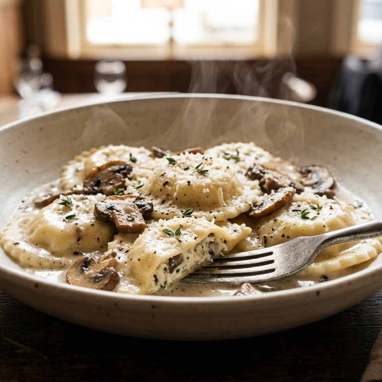 Ravioli met champignonsaus recept