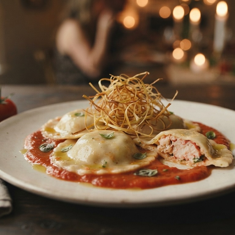 Ravioli van kreeft met tomatencoulis en gefrituurde prei recept