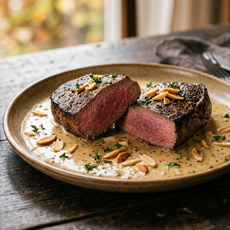 Reebiefstuk met amandelen recept