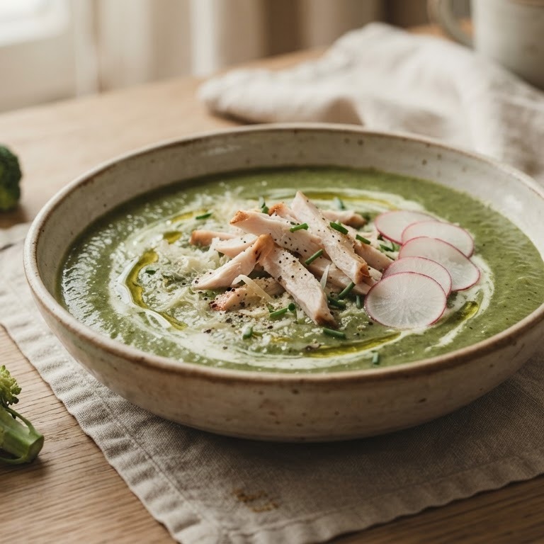 Rettich, broccolisoep met gerookte kip recept