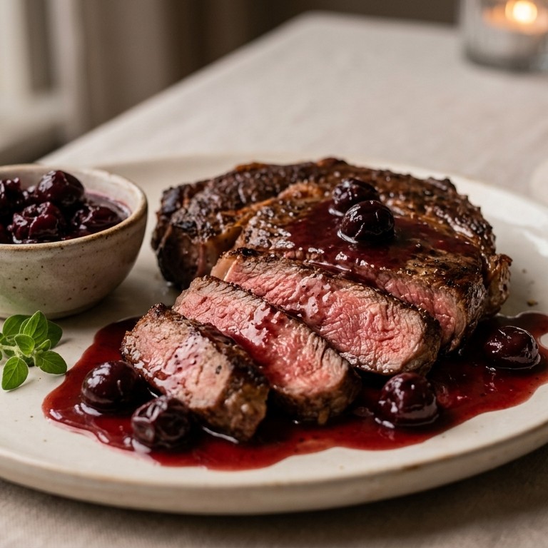 Rib-eye met kersensaus recept