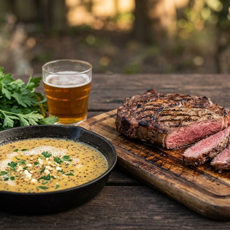 Rib-eye met mosterdbiersaus recept