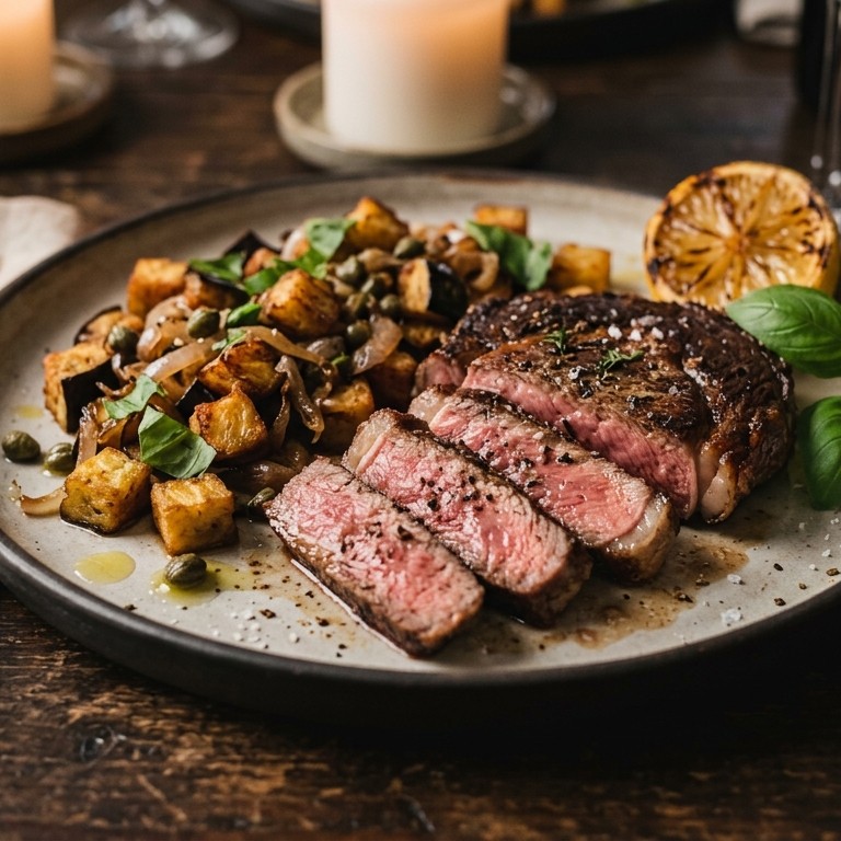 Ribeye met gebakken aubergine-sjalotjes recept