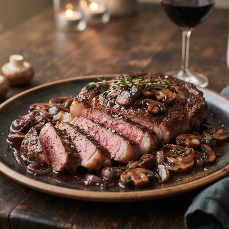 Ribeye met kastanjechampignons en rode wijnsaus recept