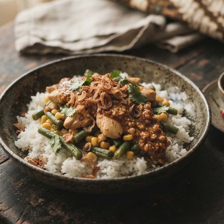 Rijst met boontjes in zelfgemaakte satésaus recept