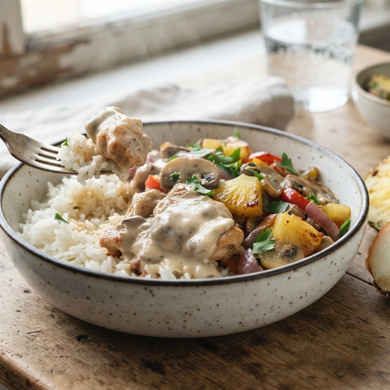 Rijst met kip/champignonsaus en ananas recept