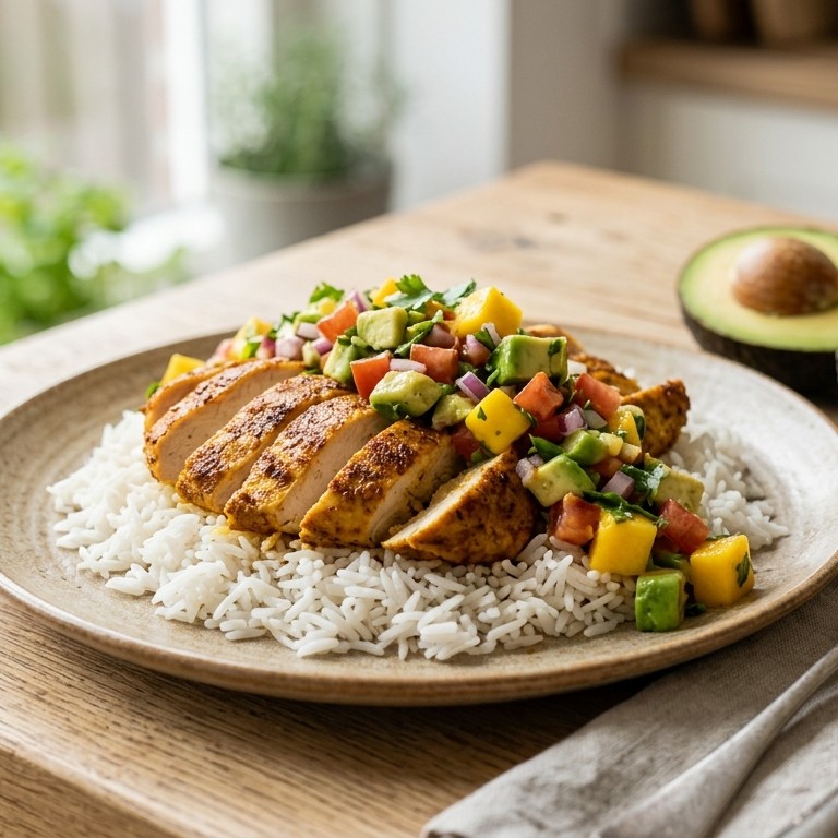 Rijst met kipfilet en avocado-mangosalsa recept