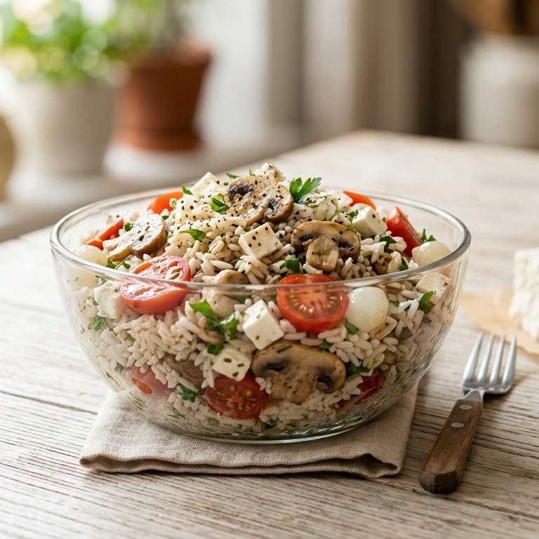 Rijstsalade met feta en champignons recept