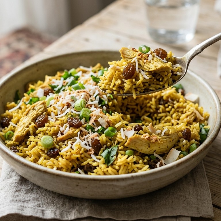 Rijstsalade met kip, kerrie en kokos recept