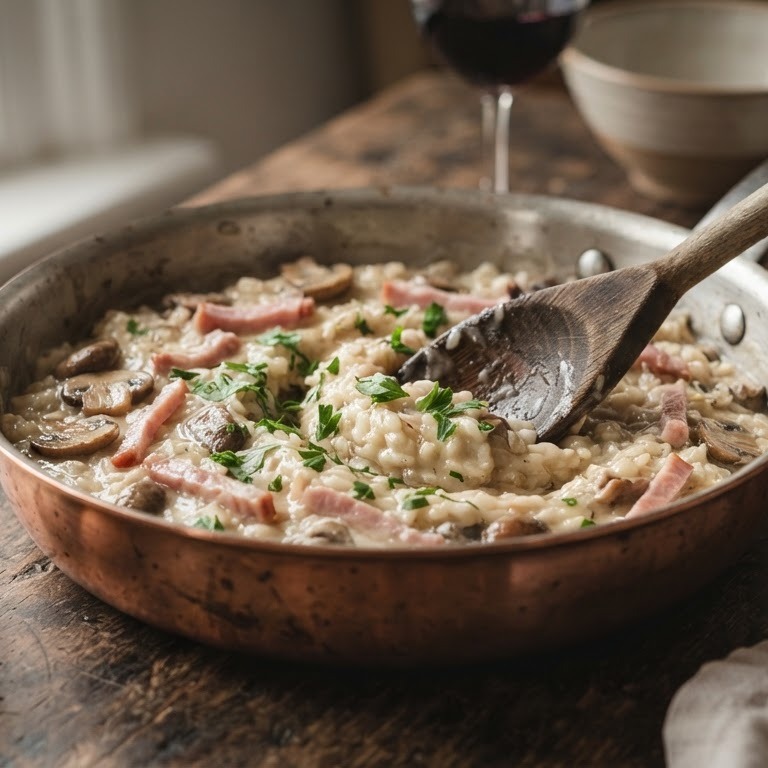 Risotto met ham en paddestoelen recept
