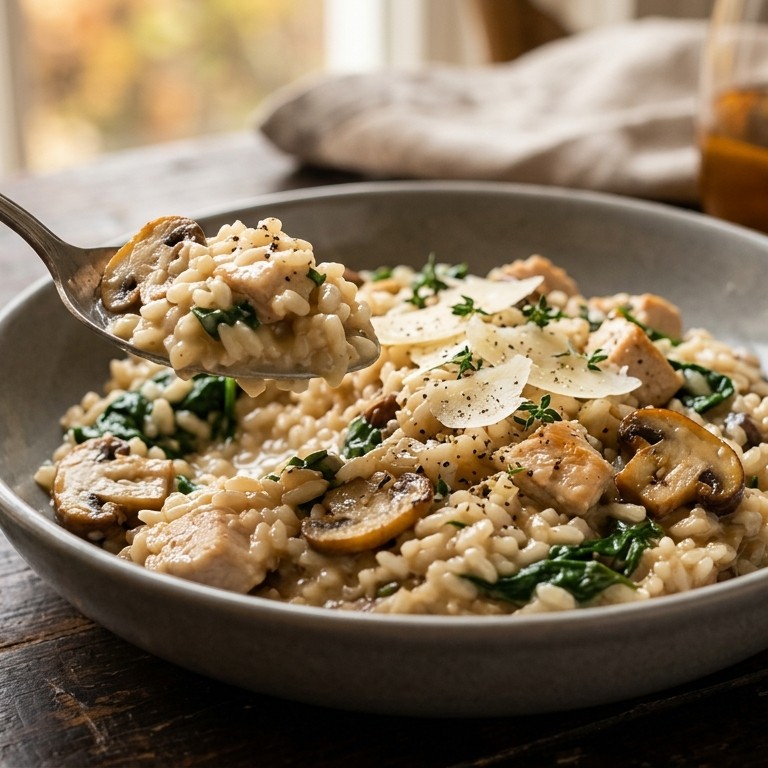 Risotto met kip, champignons en spinazie recept