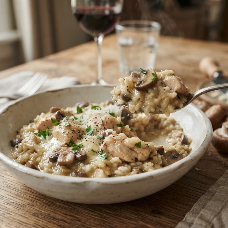 Risotto met kip en champignons recept