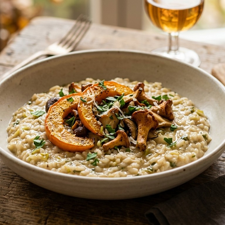Risotto met prei, wilde paddenstoelen en pompoenmaantjes recept