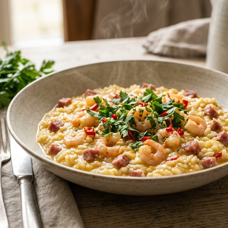 Risotto met salami en garnalen recept