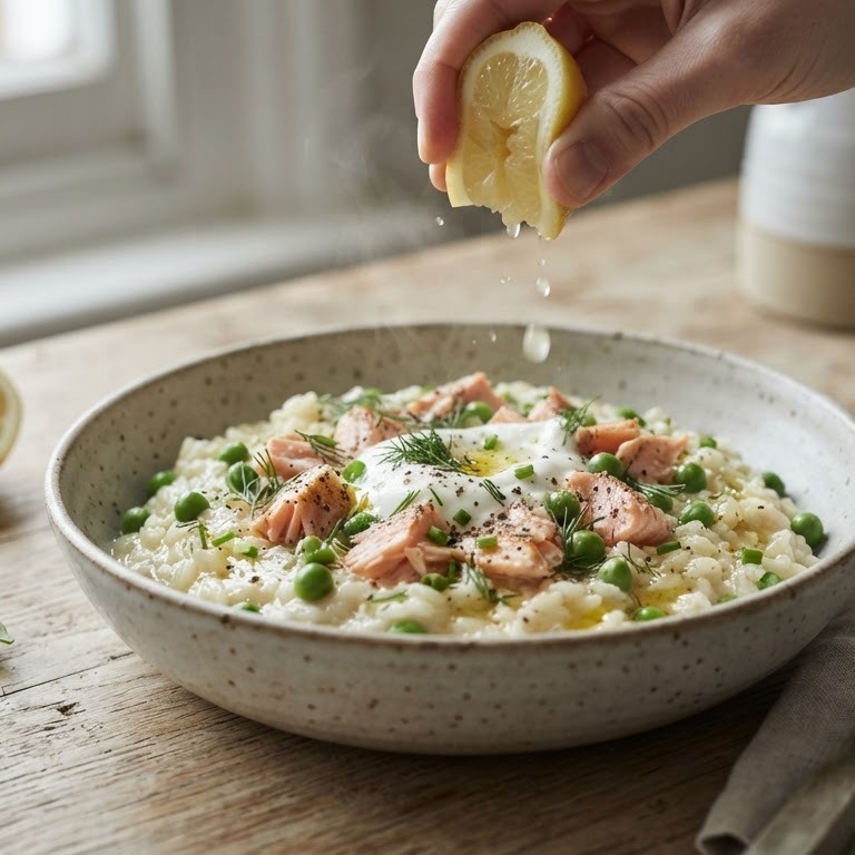 Risotto met zalm en knapperige doperwtjes recept