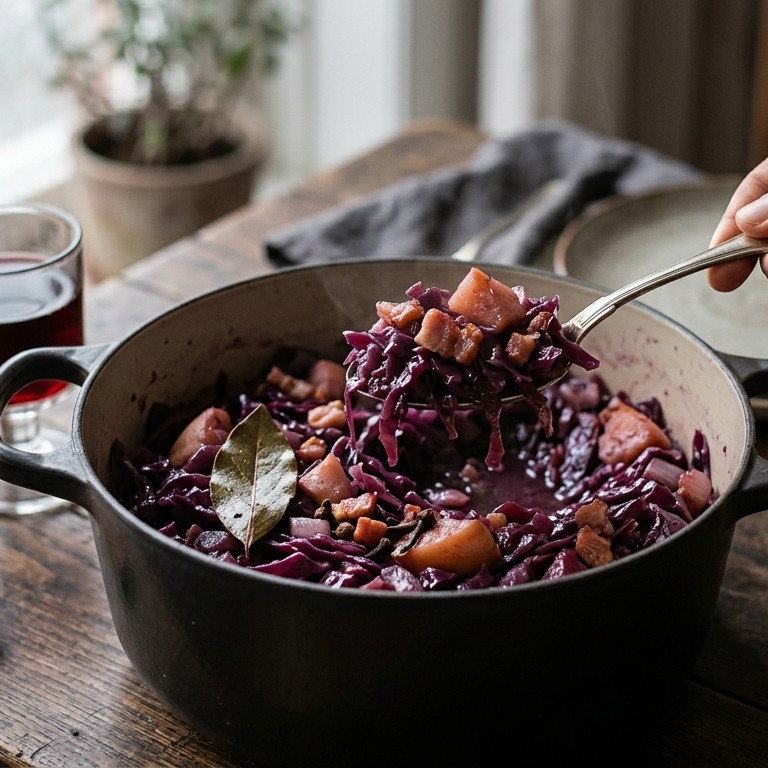 Rode kool met appel, honing en spekjes recept