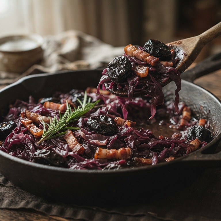 Rode kool met pruimen en rookspek recept