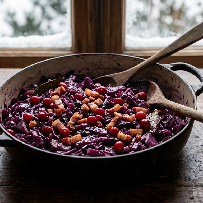 Rode kool met spekjes en veenbessen recept