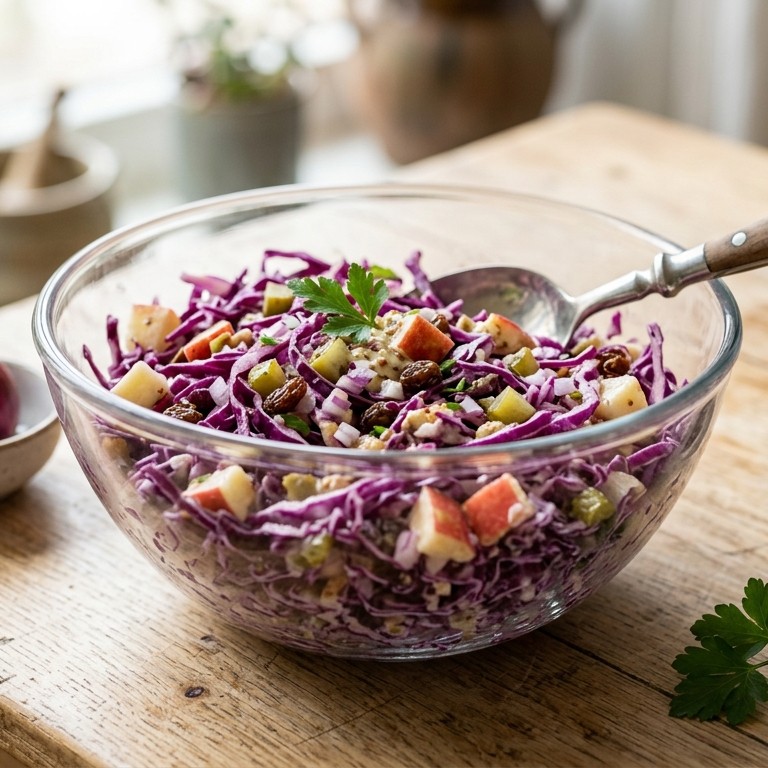 Rode koolsalade met appel en augurk recept