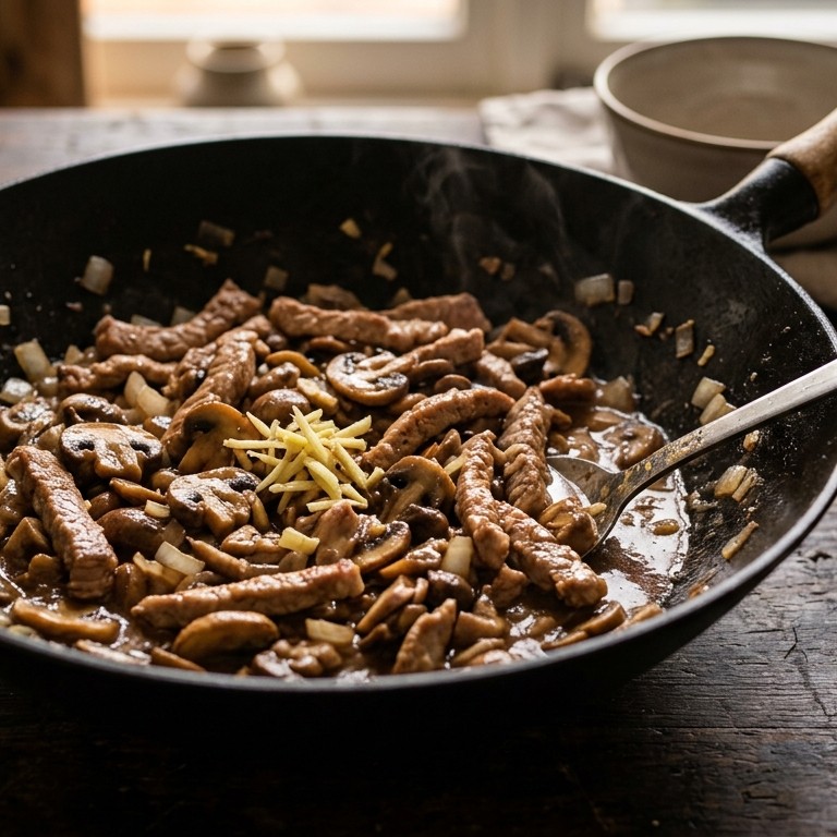 Roerbak champignons met varkensreepjes (550 kcal) recept