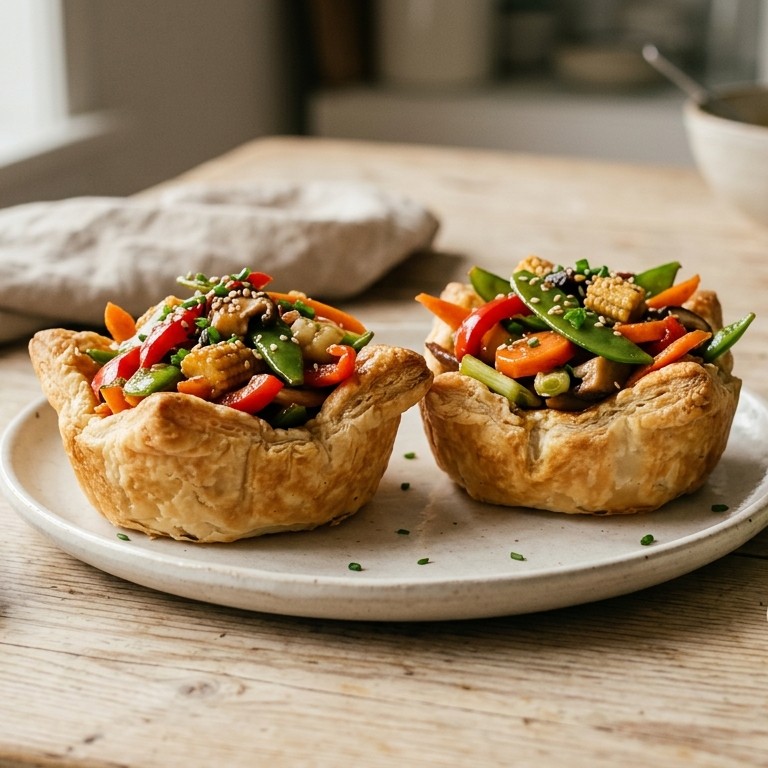 Roerbakgroenten in een mandje van bladerdeeg recept