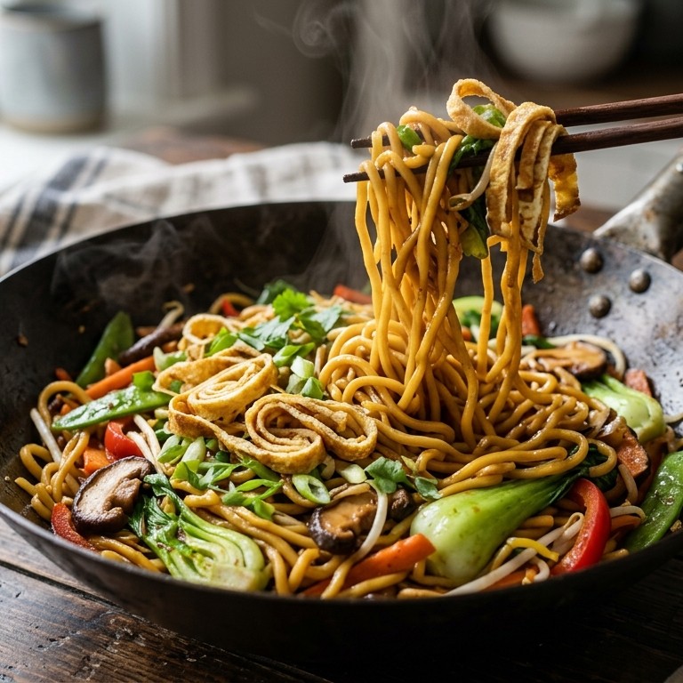 Roerbakgroenten met mie en omelet recept