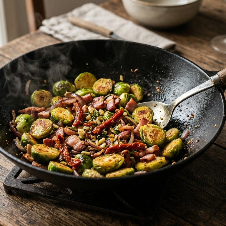 Roerbakspruitjes met spek en zongedroogde tomaatjes recept