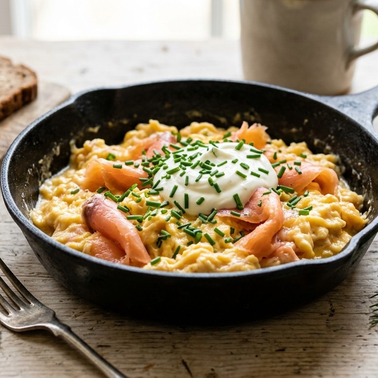 Roerei met gerookte zalm, bieslook en creme fraiche recept