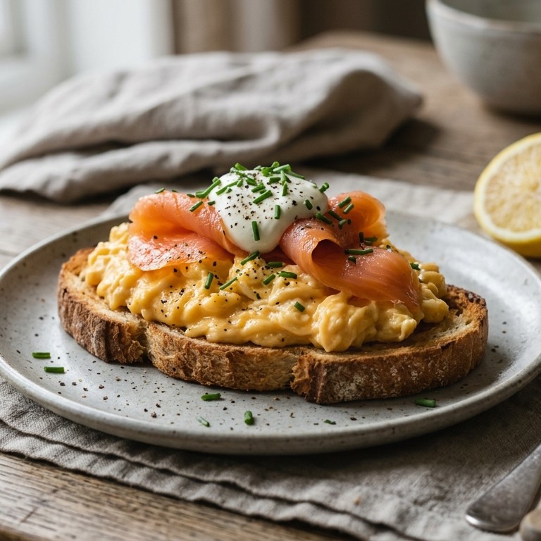 Roerei met gerookte zalm, bieslook en creme fraiche recept