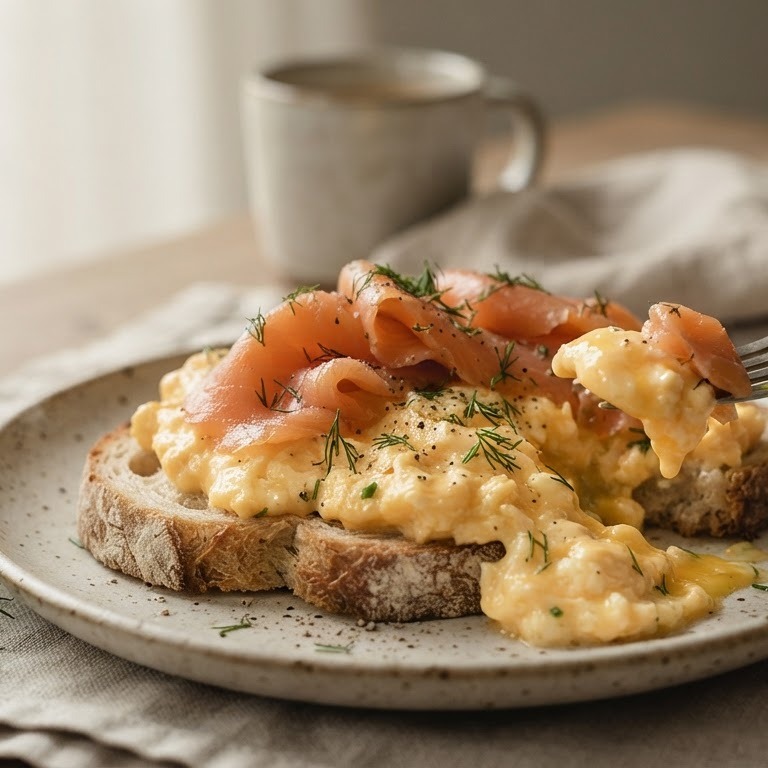 Roerei met gerookte zalm op de slanke toer recept