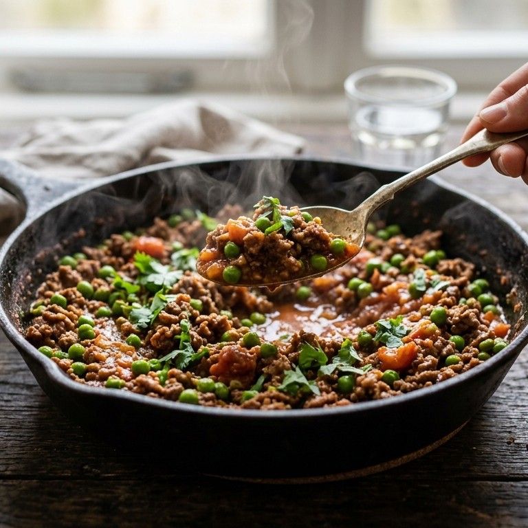 Roergebakken gehakt met doperwten en tomaat recept