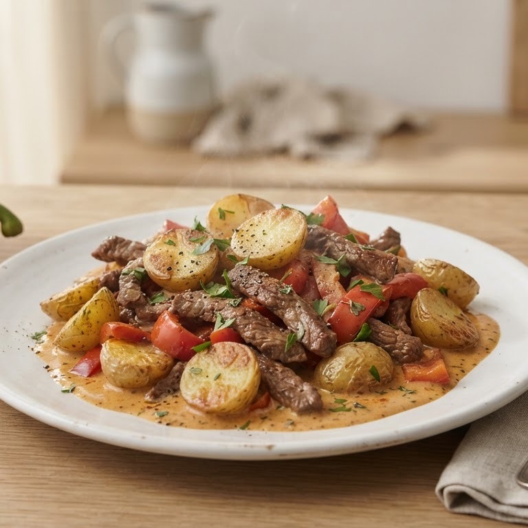 Roergebakken krieltjes met rundvlees en paprika recept