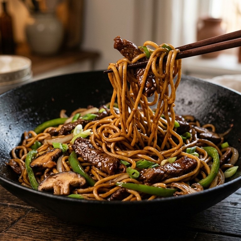 Roergebakken mie met shii-take en ketjapreepjes recept