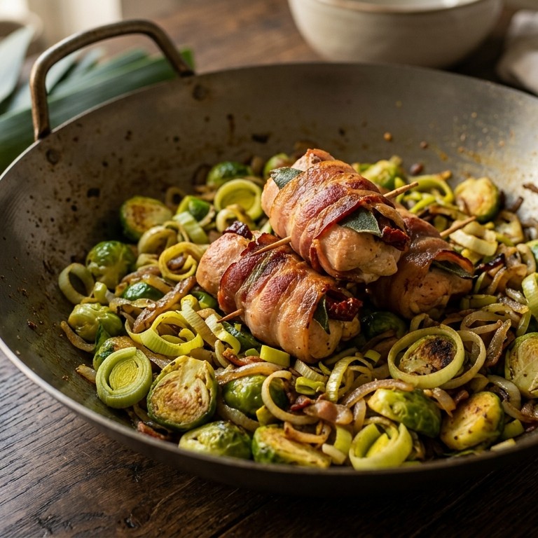 Roergebakken prei en spruitjes met kip-baconrolletjes recept